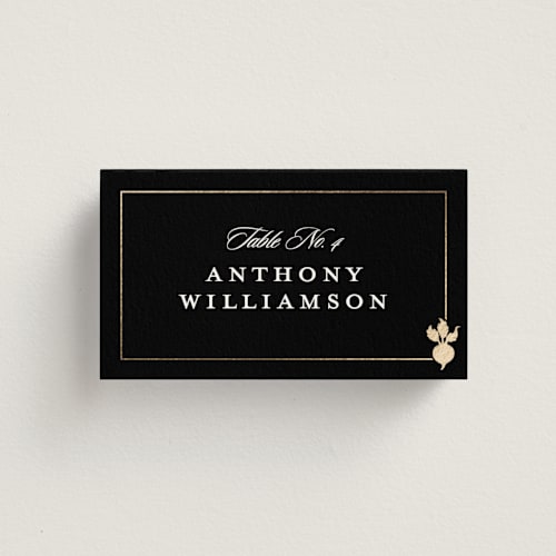 This is a licorice wedding place cards with foil pressed by Stacy Maalouf called foil meal silhouettes printing on signature in placecard