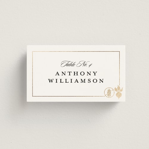 This is a vanilla wedding place cards with foil pressed by Stacy Maalouf called foil meal silhouettes printing on signature in placecard