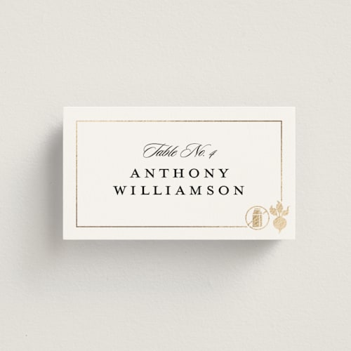 This is a vanilla wedding place cards with foil pressed by Stacy Maalouf called foil meal silhouettes printing on signature in placecard