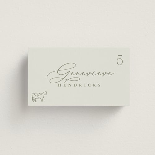 This is a moss wedding place cards with standard by Hooray Creative called chic script printing on signature in placecard