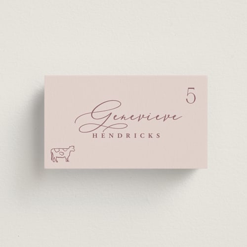 This is a rose wedding place cards with standard by Hooray Creative called chic script printing on signature in placecard