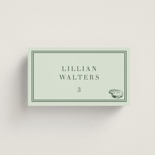 This is a mint wedding place cards with standard by Megan Davis called perry printing on signature in placecard