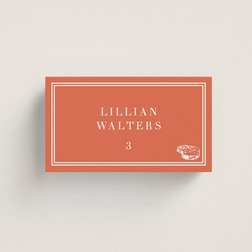 This is a tangerine wedding place cards with standard by Megan Davis called perry printing on signature in placecard
