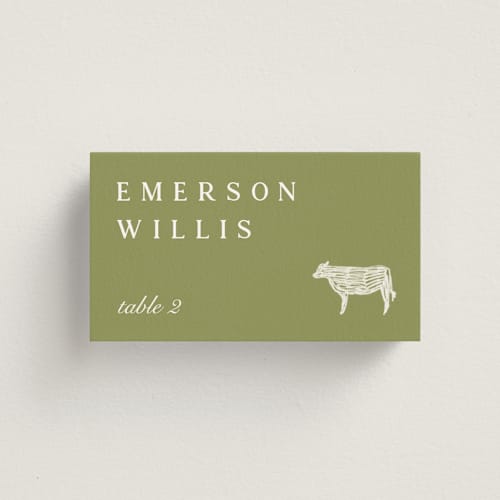 This is a sage wedding place cards with standard by Sierra Lee called farm to table printing on signature in placecard