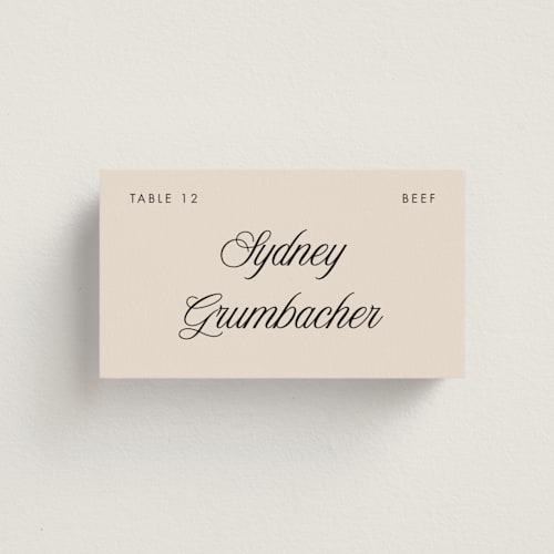 This is a ecru wedding place cards with standard by Morgan Kendall called santorini printing on signature in placecard