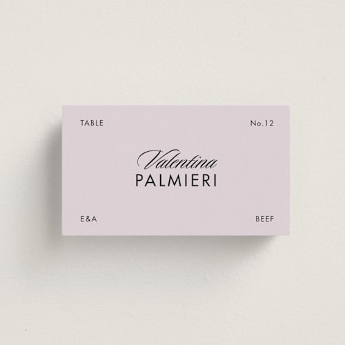 This is a lilac wedding place cards with standard by Tamara Hilje called cinematique printing on signature in placecard