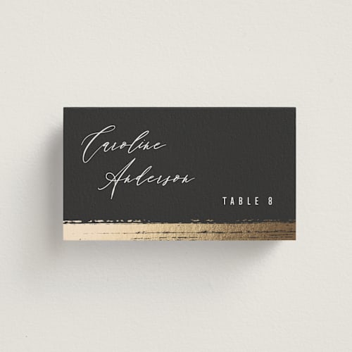 This is a onyx wedding place cards with foil pressed by Kristie Kern called panache printing on signature in placecard