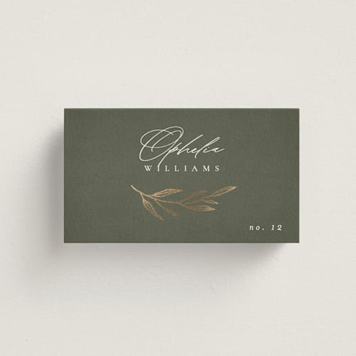 This is a moss wedding place cards with foil pressed by Kelly Schmidt called leaves printing on signature in placecard