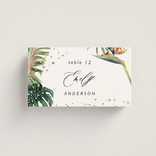 This is a tropical wedding place cards with foil pressed by Elly called our paradise printing on signature in placecard