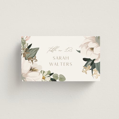 This is a verdant wedding place cards with foil pressed by Susan Moyal called country garden printing on signature in placecard