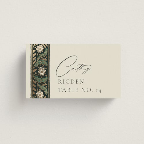 This is a emerald wedding place cards with foil pressed by Jen Owens called frame printing on signature in placecard