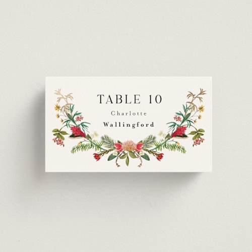 This is a papaya wedding place cards with foil pressed by Susan Moyal called tropica printing on signature in placecard