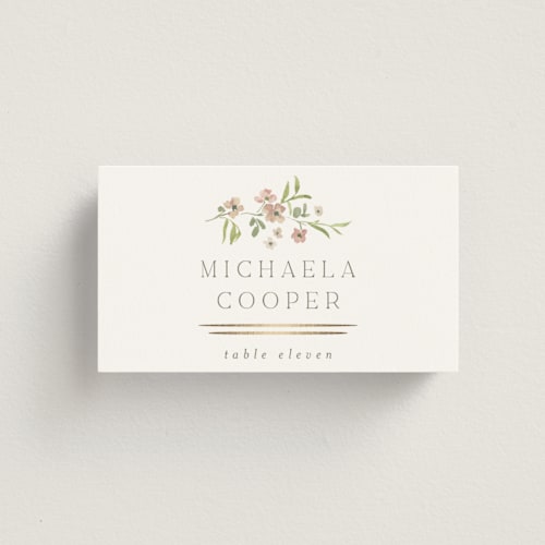 This is a blush wedding place cards with foil pressed by Everett Paper Goods called posy printing on signature in placecard