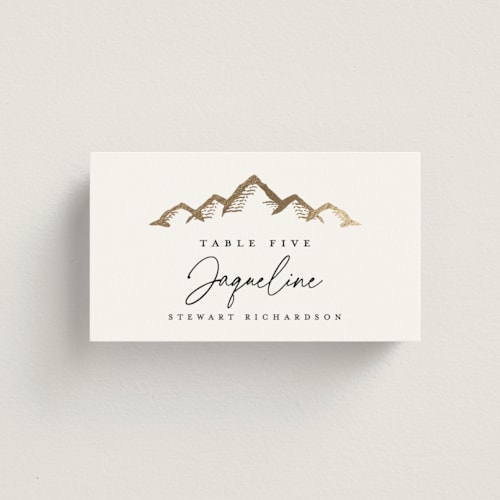 This is a quartz wedding place cards with foil pressed by Ana de Sousa called summit serenity printing on signature in placecard