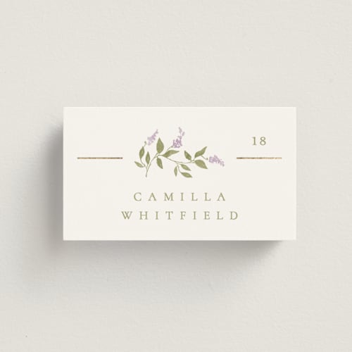 This is a lilac wedding place cards with foil pressed by Kristie Kern called marmont printing on signature in placecard