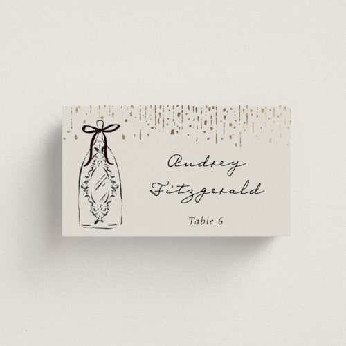This is a noir wedding place cards with foil pressed by Jackie Crawford called hand illustrated whimsical chandelier printing on signature in placecard