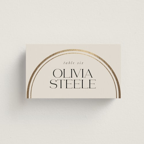 This is a sandstone wedding place cards with foil pressed by Lori Wemple called oval printing on signature in placecard