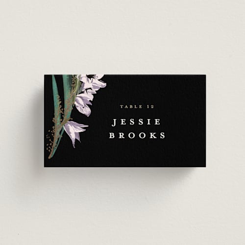 This is a midnight wedding place cards with foil pressed by Susan Moyal called bold bouquet printing on signature in placecard