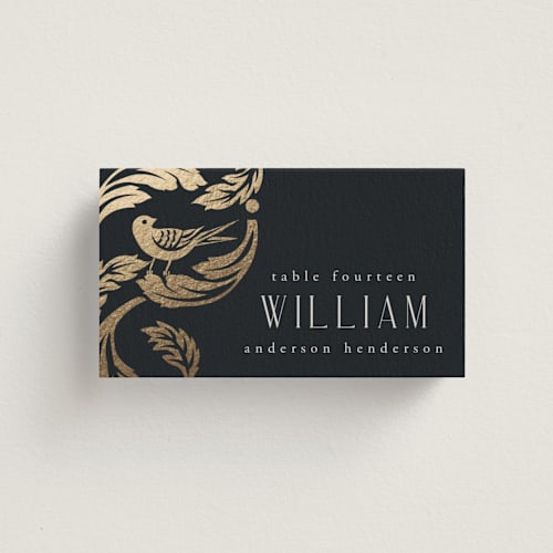 This is a onyx wedding place cards with foil pressed by Ana de Sousa called mirror printing on signature in placecard