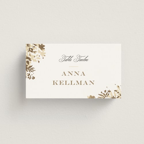 This is a honeysuckle wedding place cards with foil pressed by Leah Bisch called heritage printing on signature in placecard