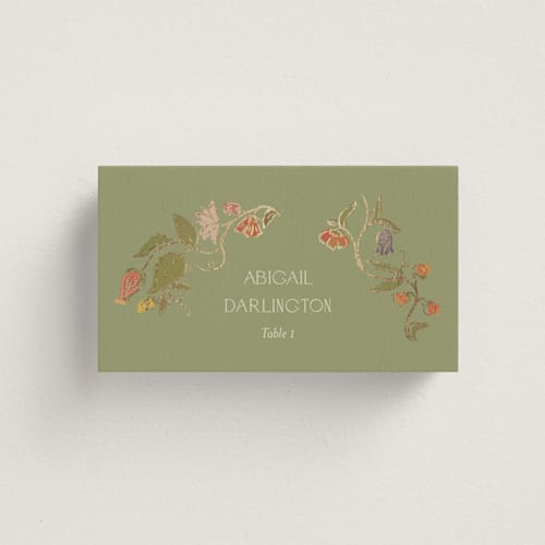 This is a mint wedding place cards with foil pressed by Simona Camp called radiant botany printing on signature in placecard