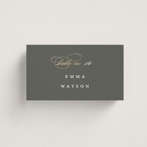 This is a obsidian wedding place cards with foil pressed by Benita Crandall called raffiné printing on signature in placecard