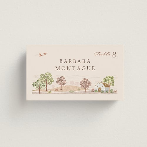 This is a rose quartz wedding place cards with foil pressed by Paper Sun Studio called countryside printing on signature in placecard