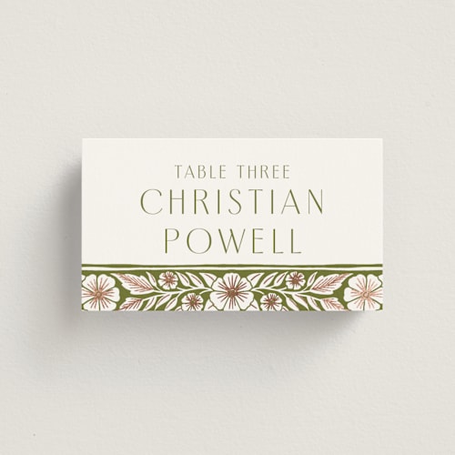 This is a avocado wedding place cards with foil pressed by Katharine Watson called inlay frame printing on signature in placecard