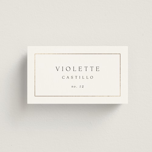 This is a silk wedding place cards with foil pressed by Kelly Schmidt called framed monogram printing on signature in placecard