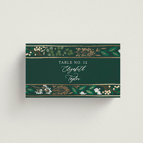 This is a evergreen wedding place cards with foil pressed by Alethea and Ruth called illuminated storybook printing on signature in placecard