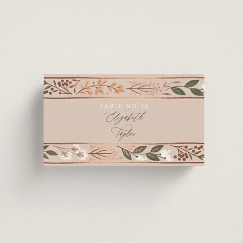 This is a burnt rose wedding place cards with foil pressed by Alethea and Ruth called illuminated storybook printing on signature in placecard