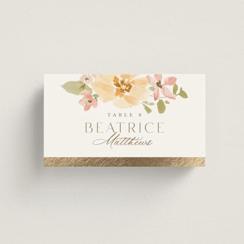 This is a carnation wedding place cards with foil pressed by Everett Paper Goods called jardin printing on signature in placecard