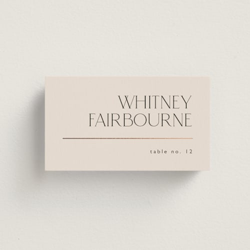 This is a linen wedding place cards with foil pressed by Kelly Schmidt called modern corner printing on signature in placecard