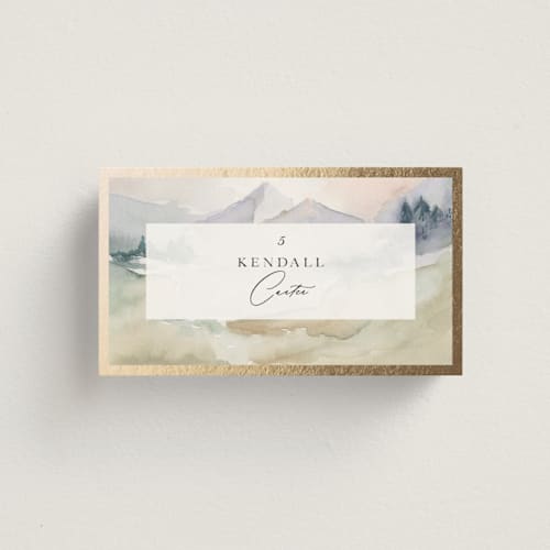 This is a latte wedding place cards with foil pressed by Lori Wemple called mountain printing on signature in placecard