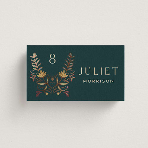 This is a deep sea wedding place cards with foil pressed by Erin German called autumnal arch printing on signature in placecard