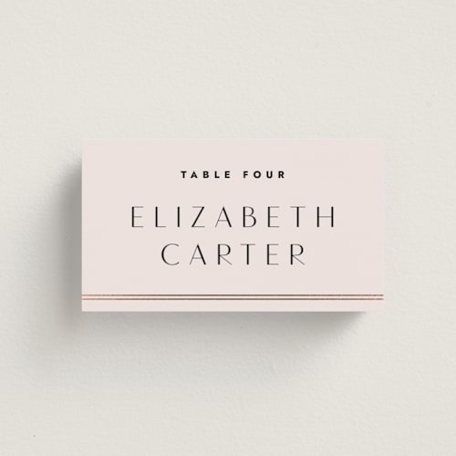 This is a blush wedding place cards with foil pressed by Kindred Fields called deco band printing on signature in placecard