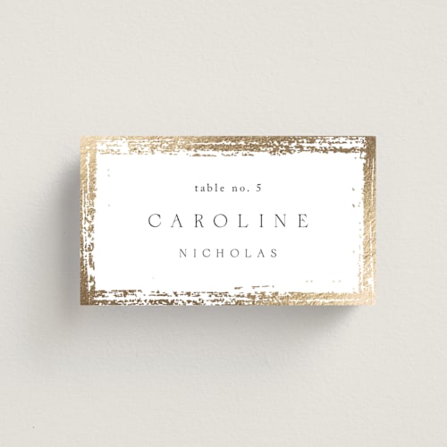 This is a silk wedding place cards with foil pressed by Kelly Schmidt called brushed edge printing on signature in placecard