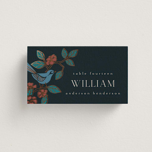 This is a onyx wedding place cards with foil pressed by Ana de Sousa called wedding birds printing on signature in placecard