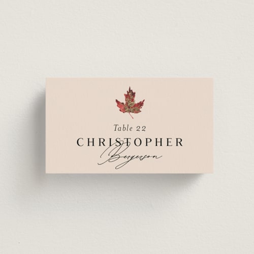 This is a autumn wedding place cards with foil pressed by Itsy Belle Studio called autumn leafs printing on signature in placecard