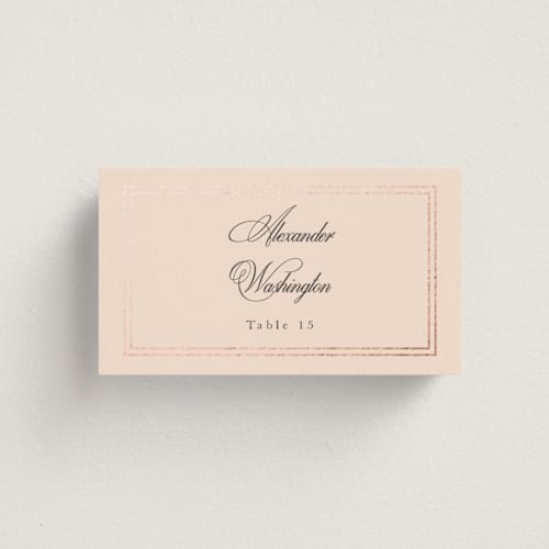 This is a petal wedding place cards with foil pressed by Sarah Brown called traditionalist printing on signature in placecard