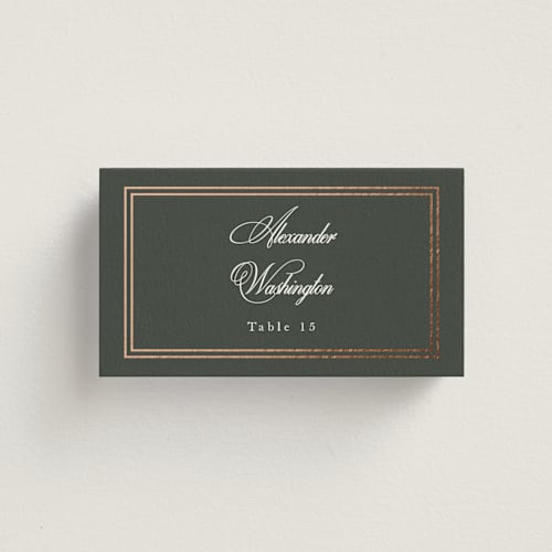 This is a hunter wedding place cards with foil pressed by Sarah Brown called traditionalist printing on signature in placecard