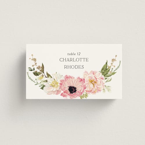 This is a peony wedding place cards with foil pressed by Susan Moyal called timeless blooms printing on signature in placecard