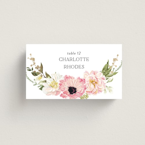 This is a peony wedding place cards with foil pressed by Susan Moyal called timeless blooms printing on signature in placecard