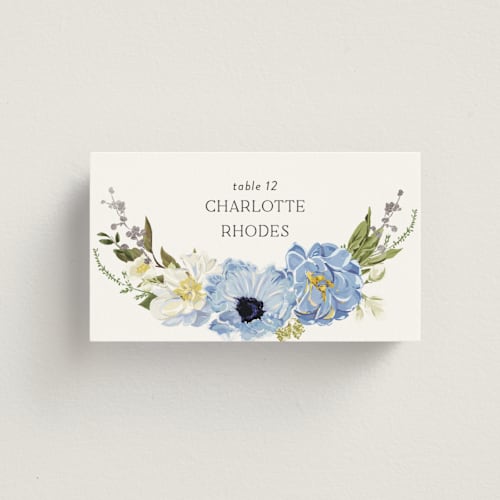 This is a azure wedding place cards with foil pressed by Susan Moyal called timeless blooms printing on signature in placecard