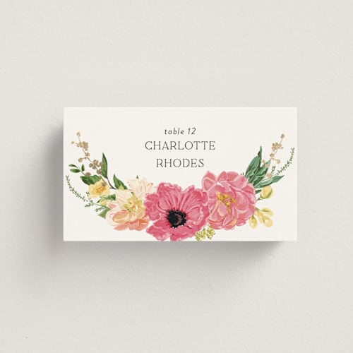 This is a tropical wedding place cards with foil pressed by Susan Moyal called timeless blooms printing on signature in placecard