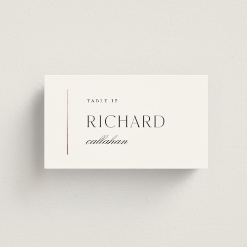 This is a cotton wedding place cards with foil pressed by Stacey Meacham called understated elegance printing on signature in placecard