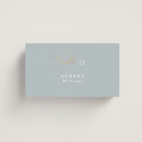 This is a dusty blue wedding place cards with foil pressed by Angela Thompson called delicacy printing on signature in placecard