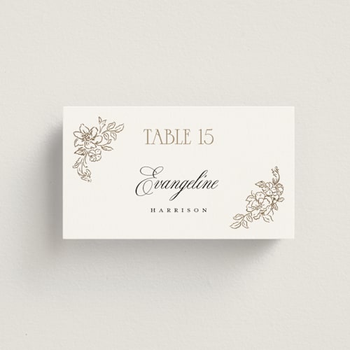 This is a pearl wedding place cards with foil pressed by Jenna Holcomb called rococo printing on signature in placecard