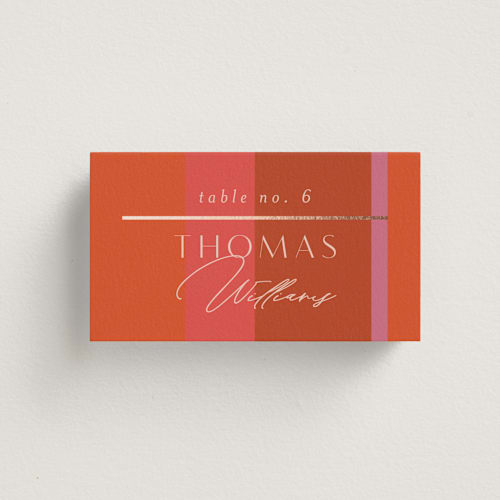 This is a fruit punch wedding place cards with foil pressed by Morgan Kendall called patchwork border printing on signature in placecard