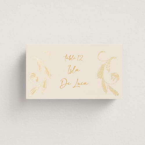 This is a sunshine wedding place cards with foil pressed by Ani Somi called bella bellissima printing on signature in placecard